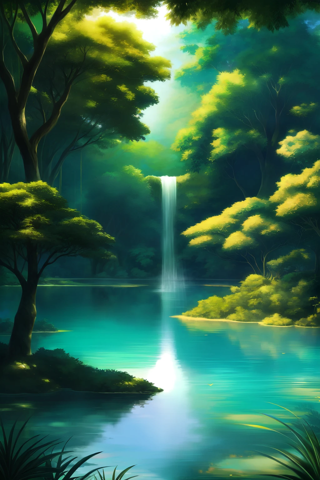 In the heart of the lush jungle, a breathtaking leopard was lying gracefully on the thick, gnarled branches of a grandiose tree. Its coat, a symphony of spots in shades of gold and black, shimmered in the dappled sunlight filtering through the dense canopy above. The leopard's piercing, emerald-green eyes surveyed the surroundings with unwavering focus, while its long, sculpted tail hung down, lazily sweeping the air.
Beside the majestic tree, a large, serene lake reflected the vibrant foliage and azure sky above. The water's surface rippled gently