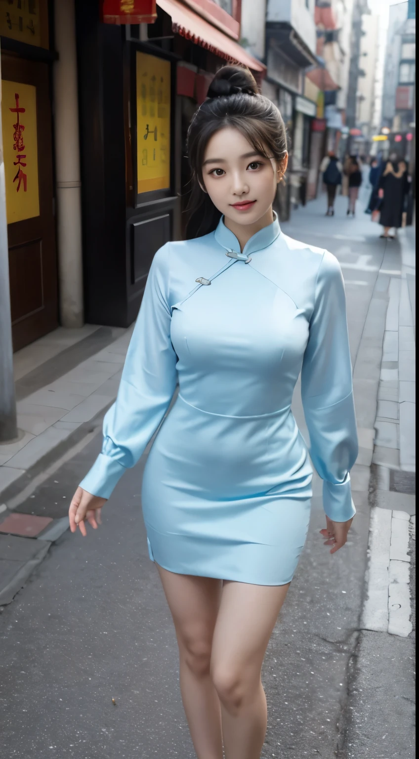 Foto hiperrealista en primer plano de Kim Ji-soo from Korea, masterpiece, best quality, (photorealistic:1.4), full body, Luxurious light blue Satin mini mini Qipao dress with long sleeves, woking on the street in China Town, sunny day, cinematic light, beautiful woman, skinny, large big breasts, black long hair, hair cut into a bun,  detailed face, smile, facing the camera, photo taken from a distance, age of 25 years old