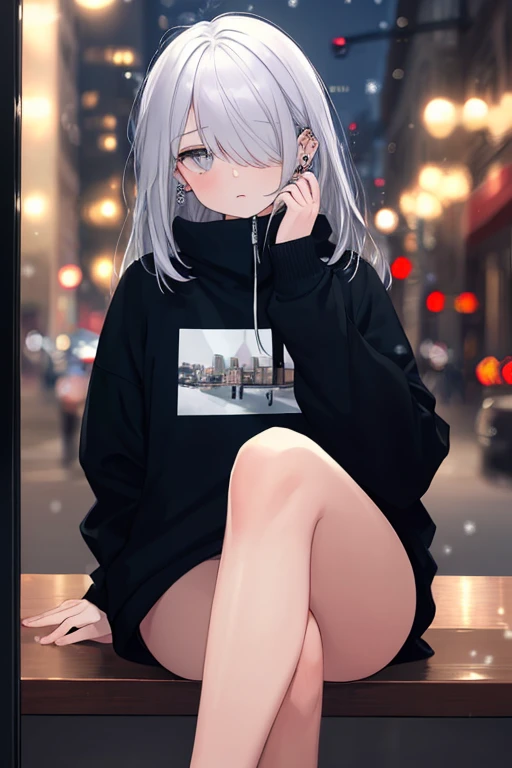 ((masterpiece:1.4, best quality:1.2)), 1girl, solo focus, beautiful skin, blush, black sweatshirt, long white hair, grey eyes, sitting, earrings, Hands piercing, coffee shop window, night, snowing, cityscape, tall female, beautiful and delicate female, comfy ambience, {detailed background}, I'm not wearing panties, hair over one eye, shy, Not wearing underwear, sexy, naked, Your genitals are visible, spread your leg