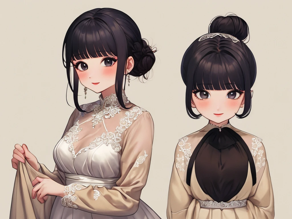 A slightly plump woman,Black hair bun hair,wearing makeup,black eyes,wearing a long sleeve wedding dress,I'm embarrassed,