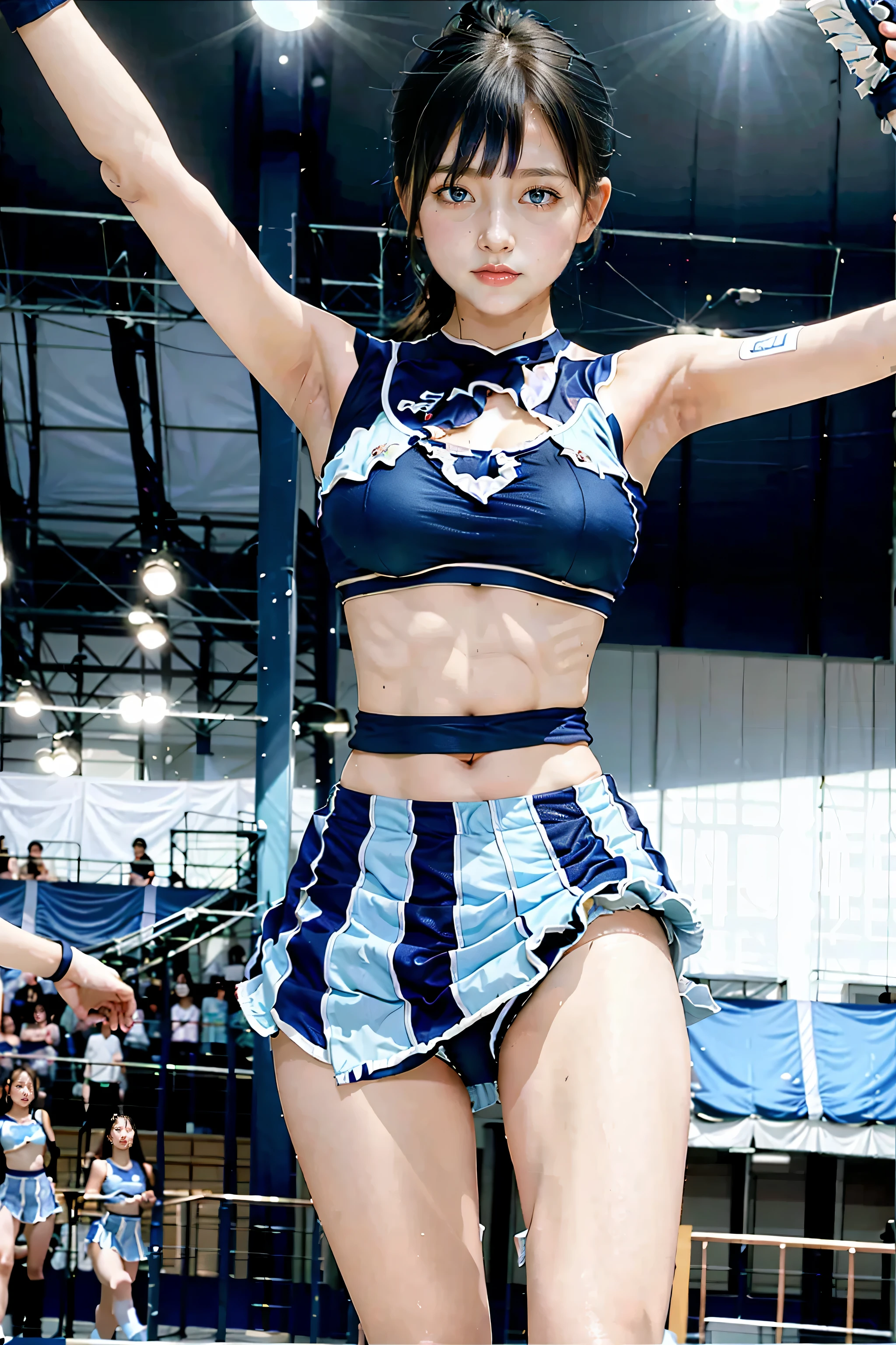 Arafed image of a young girl in a blue dress, wear a Tank top and skirt, blue Tank top, Tank top, navy leotard costume, tight fitted Tank top, tennis wear, cute girl wear tank suit, dark blue leotard costume, wear Tank top, Tank top, fubuki, wear : Tank top
