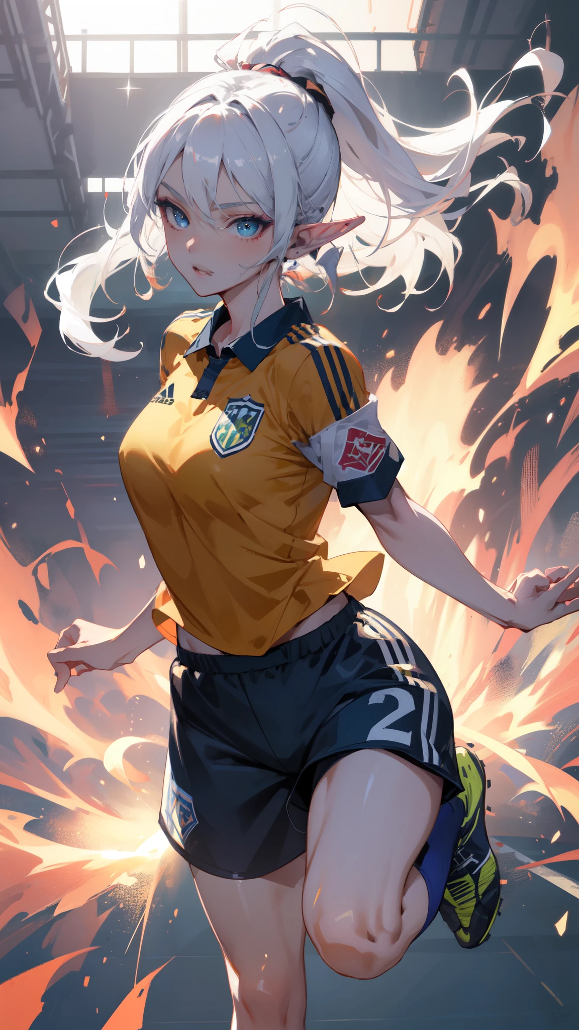 ((masterpiece)), (top quality), (best quality), ((ultra-detailed, 8k quality)), Aesthetics, Cinematic lighting, spotlight, (detailed line art), absurdres, (best composition), (high-resolution), (depth of field:1.2), 
BREAK,
portrait of beautiful soccer captain ((elf girl)), detailed skin and lips, sweat, full body, playing soccer, (Dribbling)soccer ball, on his foot's, ((wearing soccer uniforms, Short pants:1.2)), logo print blue soccer uniform, use a ((captain's armband)) in right Hand, ((bouncing chest:1.3)), running, atmospheric perspective, cinematic dramatic atmosphere, 
BREAK, 
soccer field, ((green fields)), audience, spectators, 
BREAK,
highly detailed of (elf), (1girl), solo, perfect face, details eye, ahoge, ponytail, white shining hair, (forehead), medium hair, [[floating hair]], blue eyes, shining eyes, (beautiful detailed eyelashes, eyeshadow, pink eyeshadow), smile, Concept art by Mikimoto Haruhiko, by Kawacy, By Yoshitaka Amano,
BREAK, 
((perfect anatomy)), (perfect body), Abs, (medium breast), perfect hands, perfect face, beautiful face, beautiful eyes, perfect eyes, (perfect fingers, deatailed fingers), correct anatomy, perfect legs, skinny, perfect ball, Detailed ball,