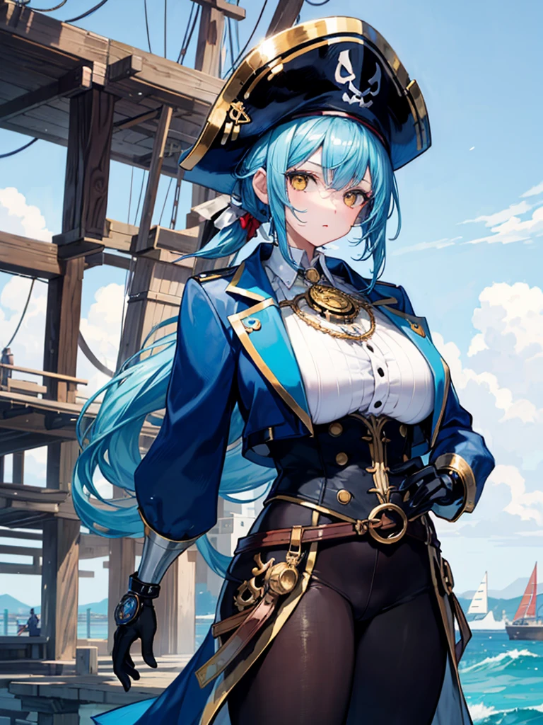 (((masterpiece、Highest image quality、highest quality、highly detailed unity 8kwallpaper)))、((Illustration of one girl、upper body))、(((beautiful girl)))、(female pirate)、(Light light blue hair、short ponytail:1.2、yellow eyes)、(((Right hand is a prosthetic hand、steampunk prosthetic arm)))、((tall))、bulky figure, massive frame, thick neck, sturdy arms, powerful legs、(captain's suit、Pirate hat、Blue coat)、pier