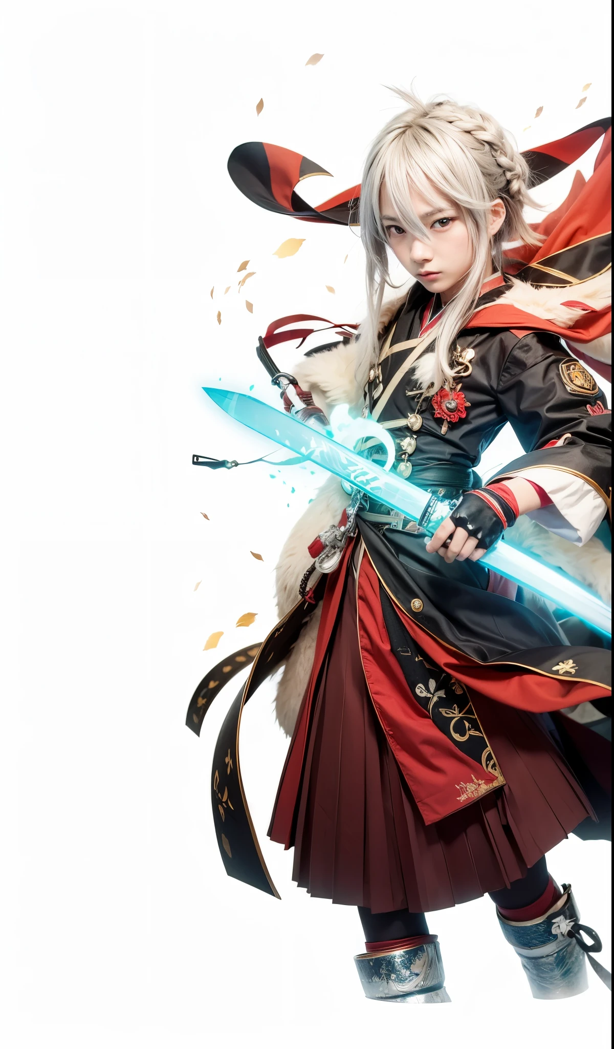 Kaedehara kazuha, genshin impact, inazuma, male, teenage, silver hair, cyan light sword, red eyes