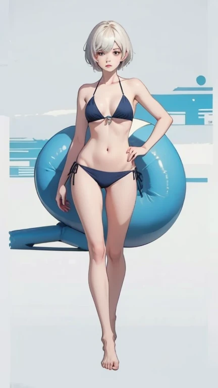 short hair,Wear a bikini,Full body,barefoot,standing。pure white background