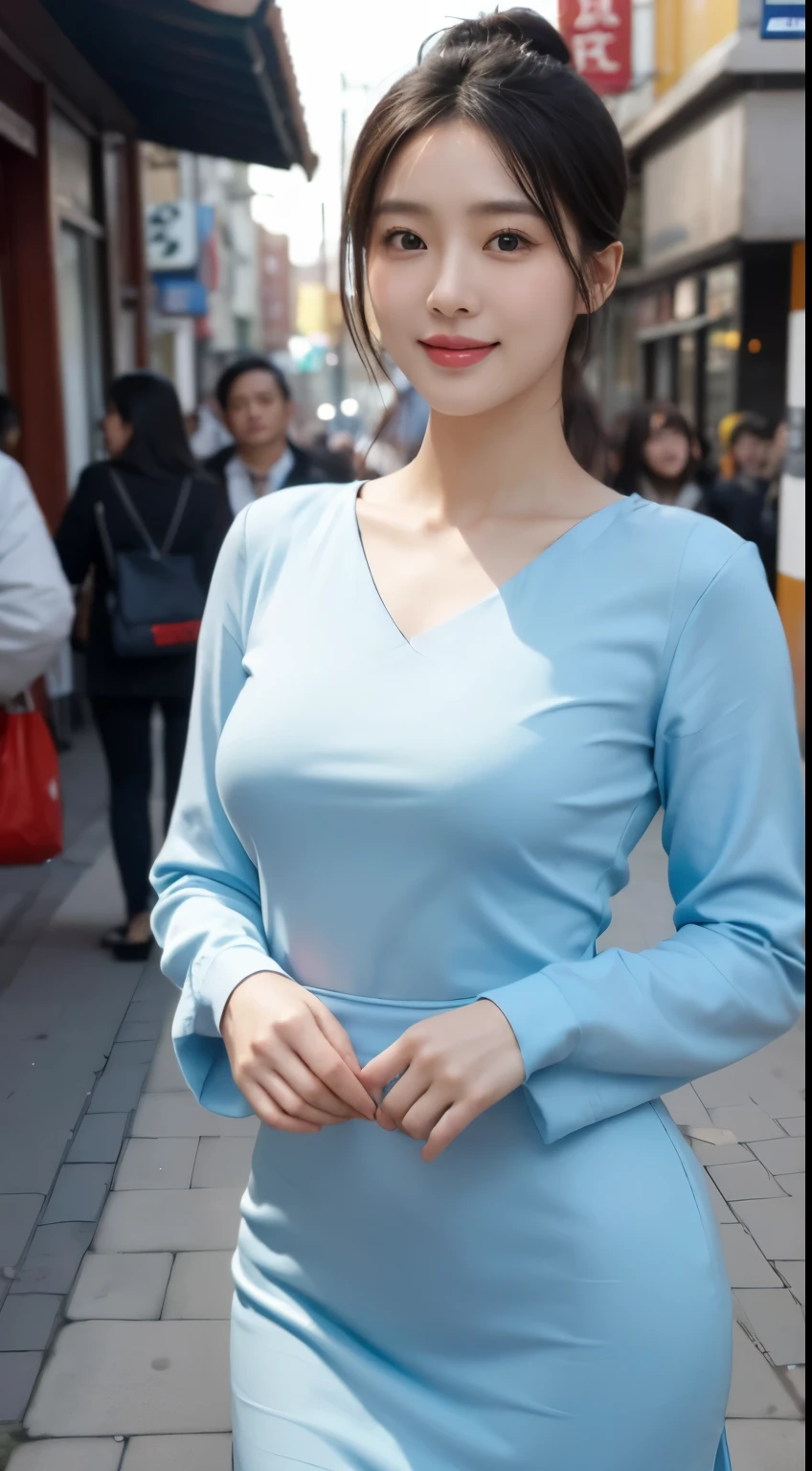 Foto hiperrealista en primer plano de Kim Ji-soo from Korea, masterpiece, best quality, (photorealistic:1.4), full body, Luxurious light blue Satin mini mini mini Qipao dress with long sleeves, woking on the street in China Town, sunny day, cinematic light, beautiful woman, skinny, large big breasts, black long hair, hair cut into a bun, detailed face, smile, facing the camera, photo taken from a distance, age of 25 years old