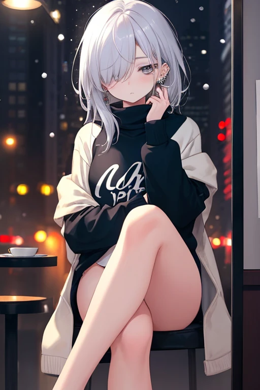 ((masterpiece:1.4, best quality:1.2)), 1girl, solo focus, beautiful skin, blush, black sweatshirt, long white hair, grey eyes, sitting, earrings, Hands piercing, coffee shop window, night, snowing, cityscape, tall female, beautiful and delicate female, comfy ambience, {detailed background}, I'm not wearing panties, hair over one eye, shy, Not wearing underwear, sexy, naked, Your genitals are visible, spread your leg