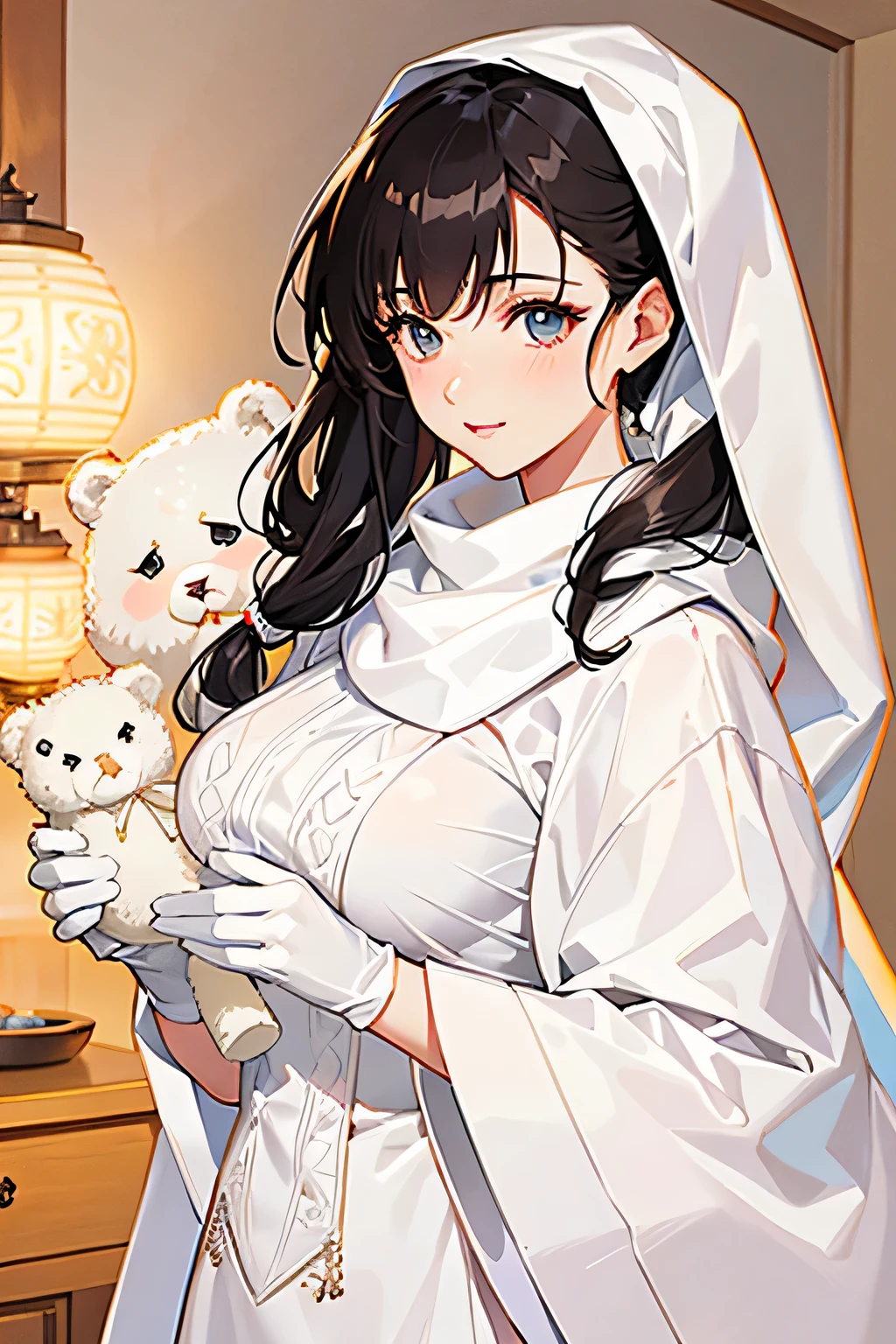 Araf woman in white sweater holding a white teddy bear, With white fluffy fur, white fur, white scarf, white long Gloves, Fur scarf, Double ponytail white_Gloves, white elbow Gloves, Dilireba, Beautiful young Korean woman, Korean fashion model, white sleeves, Urzan, detailed image, Larissa Manobar