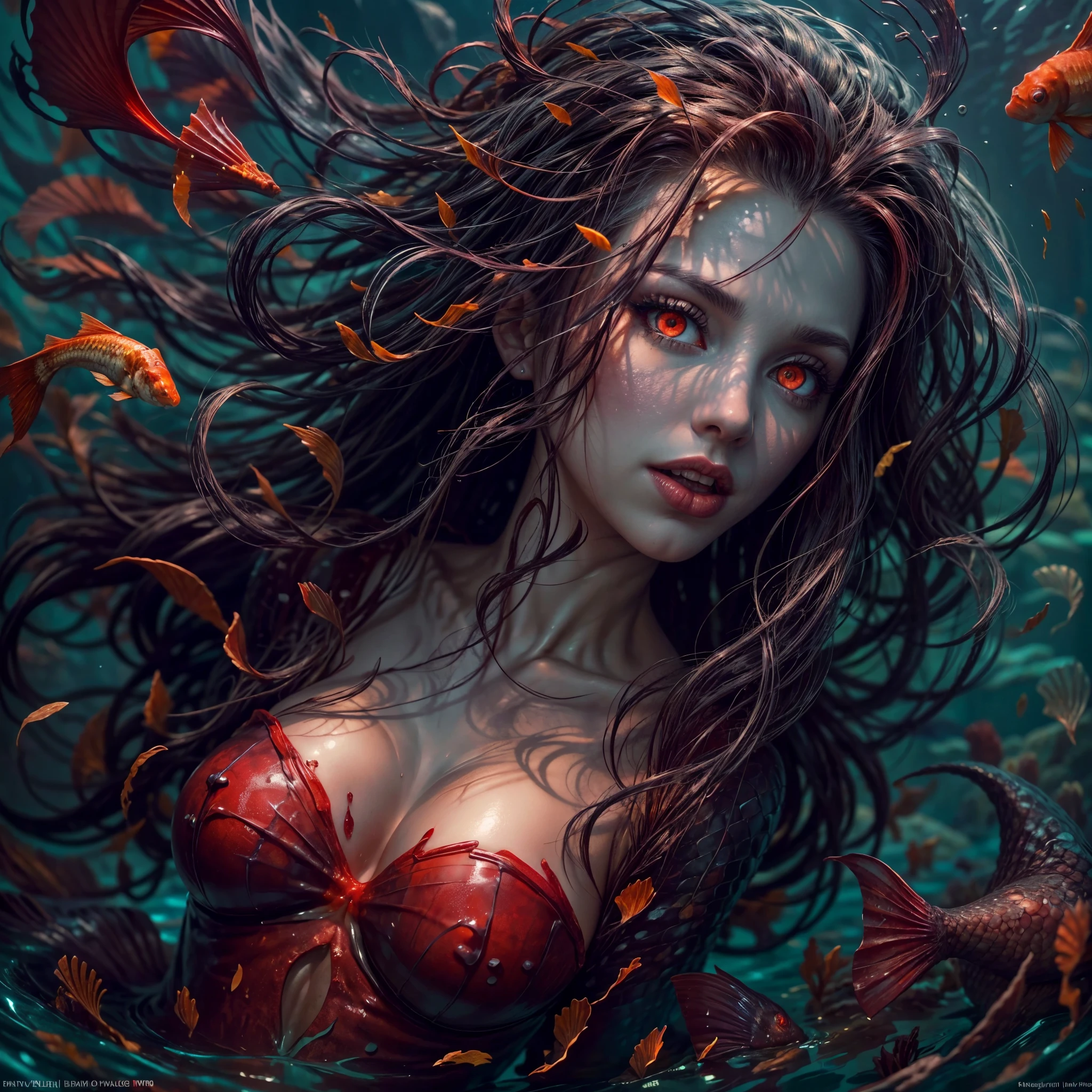 high details, best quality, 16k, [ultra detailed], masterpiece, best quality, (extremely detailed), full body, ultra wide shot, RAW, photorealistic, dark fantasy art, dnd art, rpg art, realistic art, an ultra wide picture of a vampiric mermaid (1.5 intricate details, Masterpiece, best quality)  blood mage casting ((blood control spell)),  blood wizard ((blood magic, intense magic details)), ((controlling a swirling mass of blood)) underwater, magical symbols GlowingRunes_pink, female vampiric mermaid, pale skin, black hair, long hair, swirling hair, lower body tail fin, intense eyes, red eyes, small  (( red eyes)), ((glowing eyes)), wearing sea shell clothing, beautiful dark mermaid, underwater background, rich underwater life, ((magical atmosphere)), fish and sea weeds, high details, best quality, highres, ultra wide angle