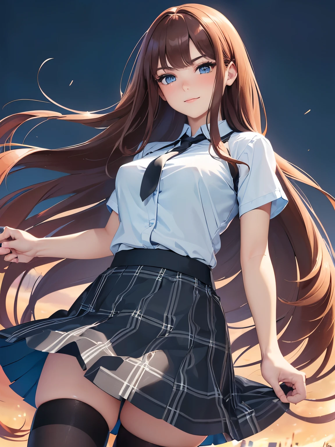 ((best quality, high resolution, pixel perfect, 4K))), 1girl in, single, alone, Beauty、see whole body、 ((Long hair to waist, Bangs, reddish brown hair)), ((blue eyes, beautiful eyelashes, realistic eyes)), ((Detailed face, blush:1.2)), ((smooth texture:0.75, lifelike质感:0.65, lifelike:1.1, Anime CG style)), medium breasts, Perfect body, ((black short sleeve shirt, light blue skirt, Plaid skirt,Black tights)), A confident smile, Bend forward, Lift your skirt with both hands、(The wind was so strong that my skirt blew over，The chest is exposed、Black tights)