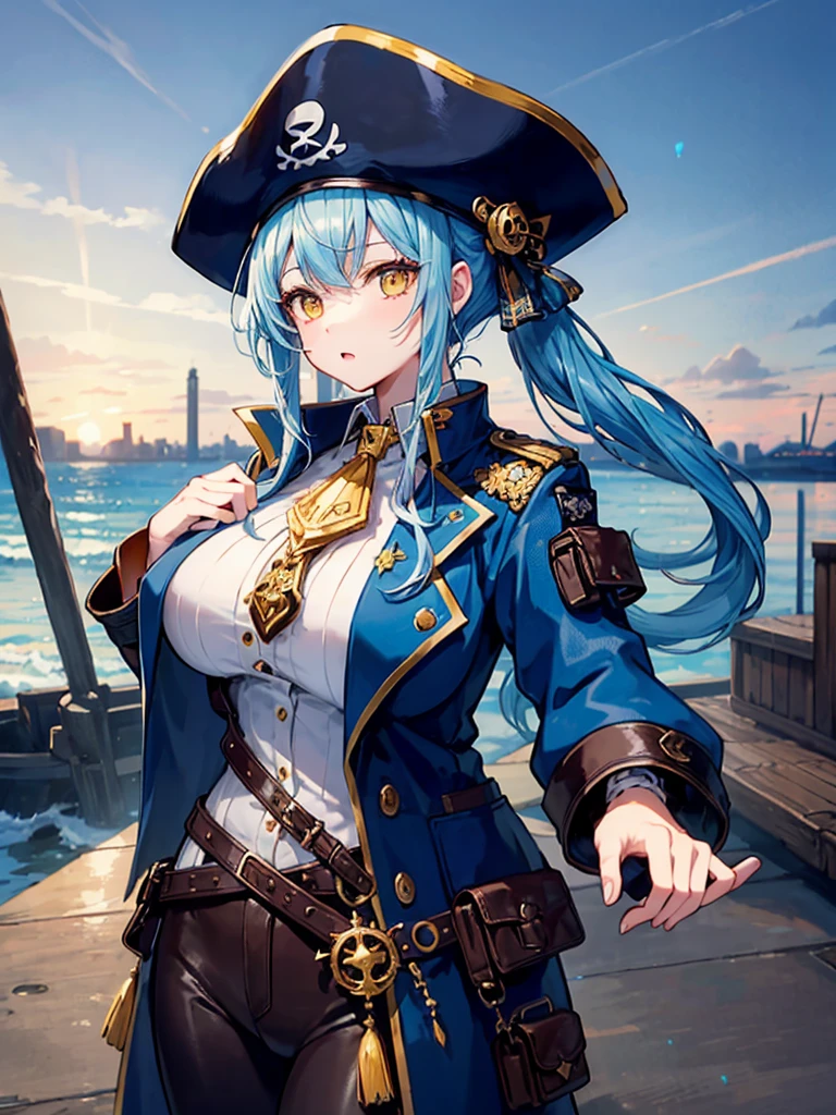 (((masterpiece、Highest image quality、highest quality、highly detailed unity 8kwallpaper)))、((Illustration of one girl、upper body))、(((beautiful girl)))、(female pirate)、(Light light blue hair、short ponytail:1.2、yellow eyes)、(((Right hand is a prosthetic hand、steampunk prosthetic arm)))、((tall))、bulky figure, massive frame, thick neck, sturdy arms, powerful legs、(captain's suit、Pirate hat、Blue coat)、pier