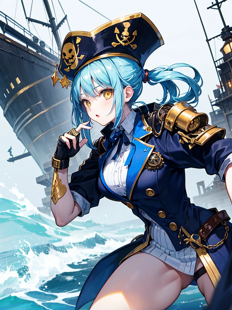 (((masterpiece、Highest image quality、highest quality、highly detailed unity 8kwallpaper)))、((Illustration of one girl、upper body))、(((beautiful girl)))、(female pirate)、(Light light blue hair、short ponytail:1.2、yellow eyes)、(((Right hand is a prosthetic hand、steampunk prosthetic arm)))、((tall))、bulky figure, massive frame, thick neck, sturdy arms, powerful legs、(captain's suit、Pirate hat、Blue coat)、pier