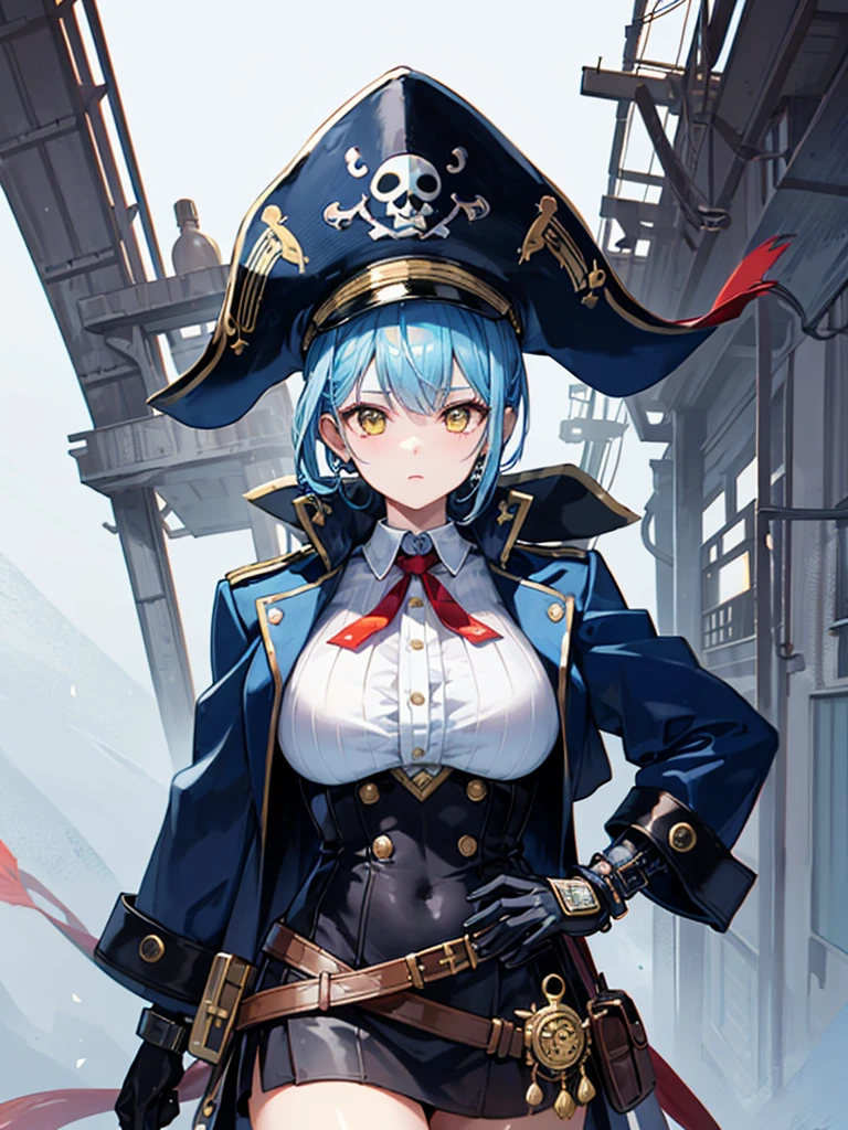 （（（masterpiece、Highest image quality、highest quality、highly detailed unity 8ｋwallpaper）））、（（Illustration of one girl、upper body））、（（（beautiful girl）））、（female pirate）、（Light light blue hair、short ponytail：1.2、yellow eyes）、（（（Right hand is a prosthetic hand、steampunk prosthetic arm）））、（（tall））、bulky figure, massive frame, thick neck, sturdy arms, powerful legs、（captain's suit、Pirate hat、Blue coat）、pier