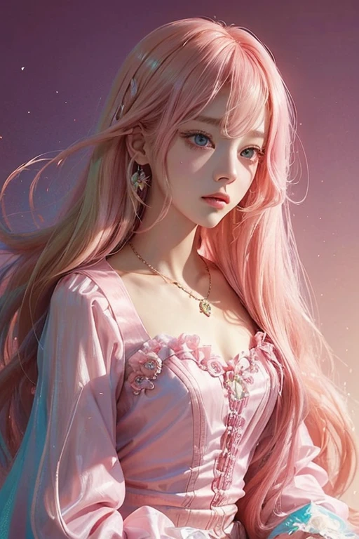 Close up of a lady with blonde hair and necklace, digital art inspired by Yanjun Cheng, Tumblr, Rococo, portrait of jisoo of blackpink, portrait jisoo blackpink, Flowing pink hair, Long flowing pink hair, long bubblegum hair, with pink hair, Pink girl, pink hues, ((Pink)), Long pink hair, pink straight hair, curly pink hair