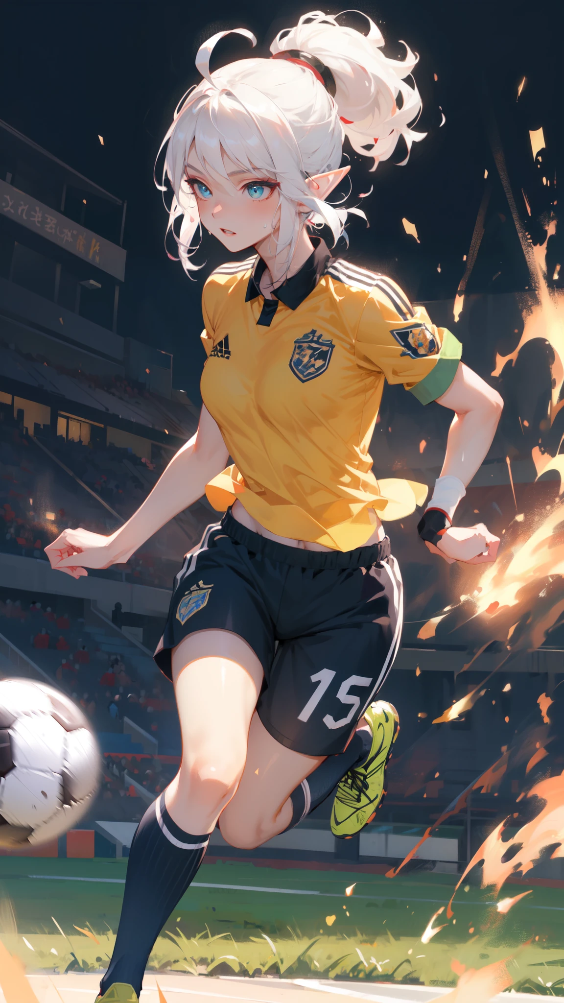 ((masterpiece)), (top quality), (best quality), ((ultra-detailed, 8k quality)), Aesthetics, Cinematic lighting, spotlight, (detailed line art), absurdres, (best composition), (high-resolution), (depth of field:1.2), 
BREAK,
portrait of beautiful soccer captain ((elf girl)), detailed skin and lips, sweat, full body, playing soccer, (Dribbling)soccer ball, on his foot's, ((wearing soccer uniforms, Short pants:1.2)), logo print blue soccer uniform, use a ((captain's armband)) in right Hand, ((bouncing chest:1.3)), running, atmospheric perspective, cinematic dramatic atmosphere, 
BREAK, 
soccer field, ((green fields)), audience, spectators, 
BREAK,
highly detailed of (elf), (1girl), solo, perfect face, details eye, ahoge, ponytail, white shining hair, (forehead), medium hair, [[floating hair]], blue eyes, shining eyes, (beautiful detailed eyelashes, eyeshadow, pink eyeshadow), smile, Concept art by Mikimoto Haruhiko, by Kawacy, By Yoshitaka Amano,
BREAK, 
((perfect anatomy)), (perfect body), Abs, (medium breast), perfect hands, perfect face, beautiful face, beautiful eyes, perfect eyes, (perfect fingers, deatailed fingers), correct anatomy, perfect legs, skinny, perfect ball, Detailed ball,