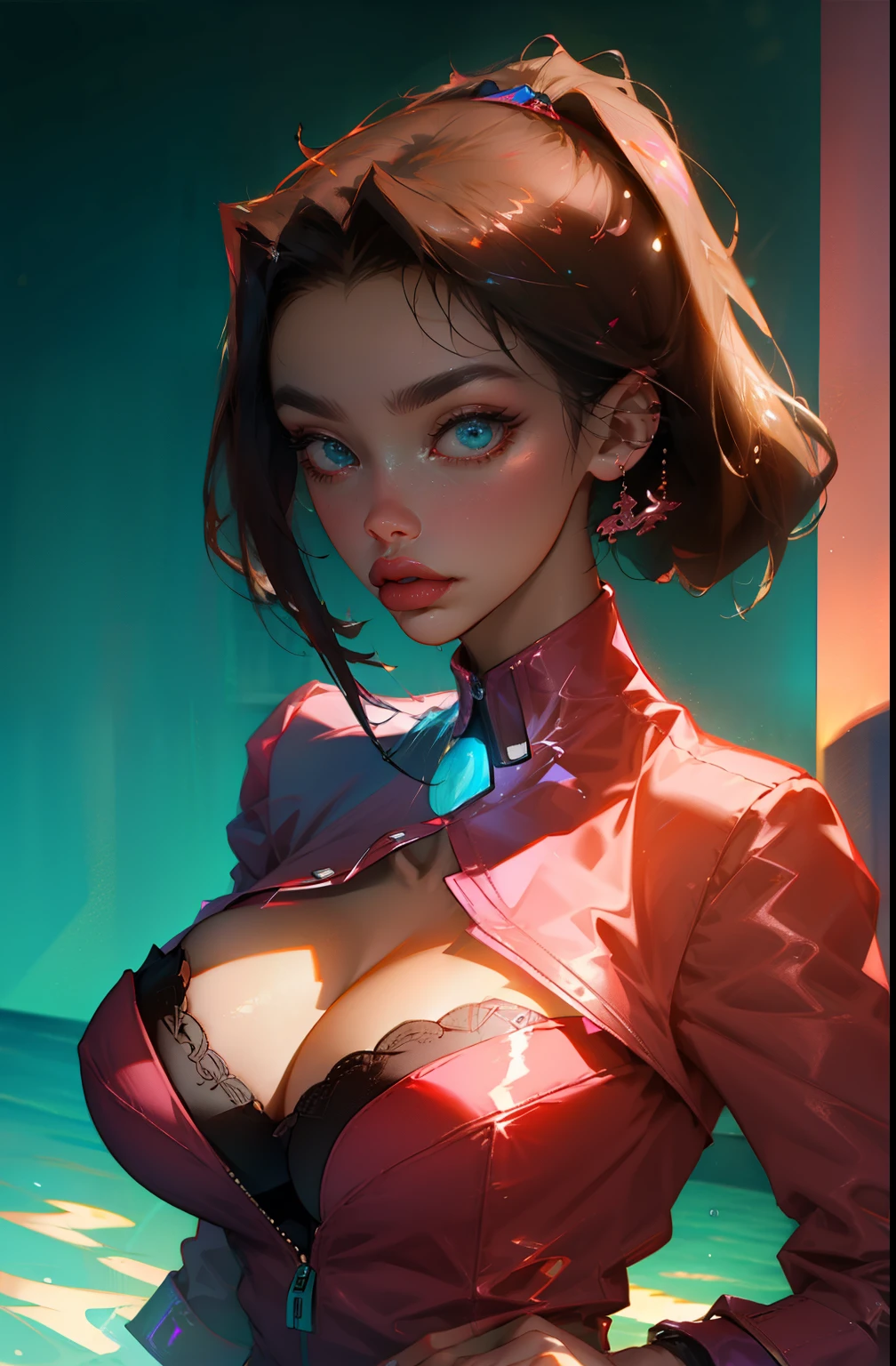 Highest quality,The perfect masterpiece,Perfect artwork,8K,
(Upper body portrait:1.5),(gigantic breasts:1.3),Delicate face, lens, slendered abs, ( tea Gardner), anzu, Yugioh, 
((Aletta ocean face)), blue ribbon on collar, pink blazer,Beauty and dragon,water light reflection,pearl illusion,candy color,Cyberpunk,fashion trend,3s material,high-definition,detail representation,3D,c4d,3D,octane rendering,ray tracing,complex details,animated lighting,C4d,OCrenderer,8k,best quality,