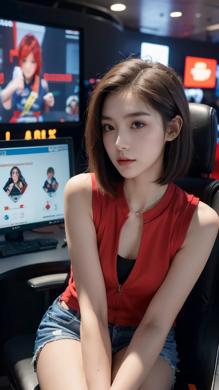 individual，young girl，23 years old, （（ esports players）），fine hair, Detailed faces, full的身材，long hair，full, Short hair details, sit down，Short hot pants, Small red vest，Look up