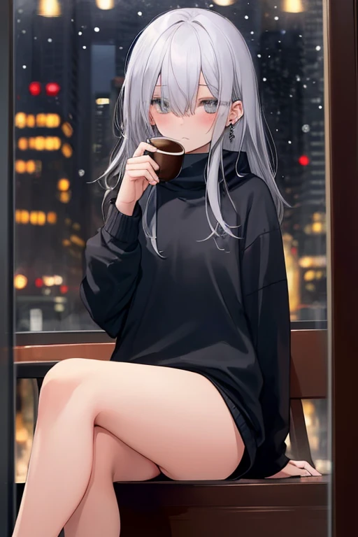 ((masterpiece:1.4, best quality:1.2)), 1girl, solo focus, beautiful skin, blush, black sweatshirt, long white hair, grey eyes, sitting, earrings, Hands piercing, coffee shop window, night, snowing, cityscape, tall female, beautiful and delicate female, comfy ambience, {detailed background}, I'm not wearing panties, hair over one eye, shy, Not wearing underwear, sexy, naked, Your genitals are visible, spread your leg
