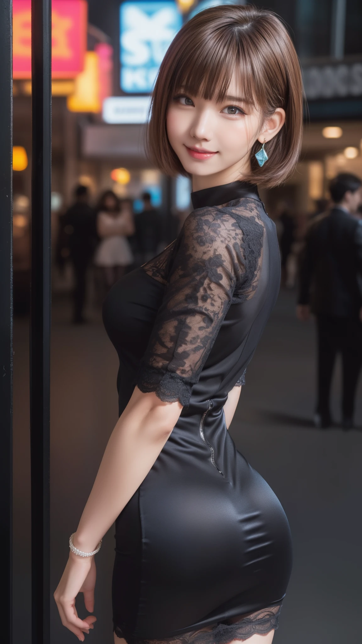 8K, table top, RAW photo, highest quality, realistic, Highly detailed CG Unity 8K wallpaper, Depth of bounds written, cinematic light, Lens flare, ray tracing, (very beautiful face, beautiful lips, beautiful eyes), face with intricate details, ((super dense skin)) 1 girl, in the dark, deep shadow, cute korean girl, Flashy makeup with red eyeshadow,her shortcut, Delicate light brown hair is slightly disheveled with side waves.,wearing large ring earrings,K-POP idol, 1 girl, (very slim and slender fit muscular body:1.3), ((looking at the viewer)),(big smile:1.3), (magenta and black blouse), (sleeve fashion city night, dark night, (neon sign), (blurred background), fashion street night),(no people in the background:1.3), beautiful earrings, bracelet, necklace, pantyhose, clear eyes, walk, (white skin), (big eye ace forward, ((upper body shot)), ((silk color dresses:1.3)),(brown hair),((tight fit lace dress)), (See through), (looking at the viewer:1.3) open chest, very slim, medium breasts, backtracking,((buckshot)), See through, Medium Butt, mini skirt:1.5,updo hair, From above:1.5,The lines of the full back pants are transparent:1.4,