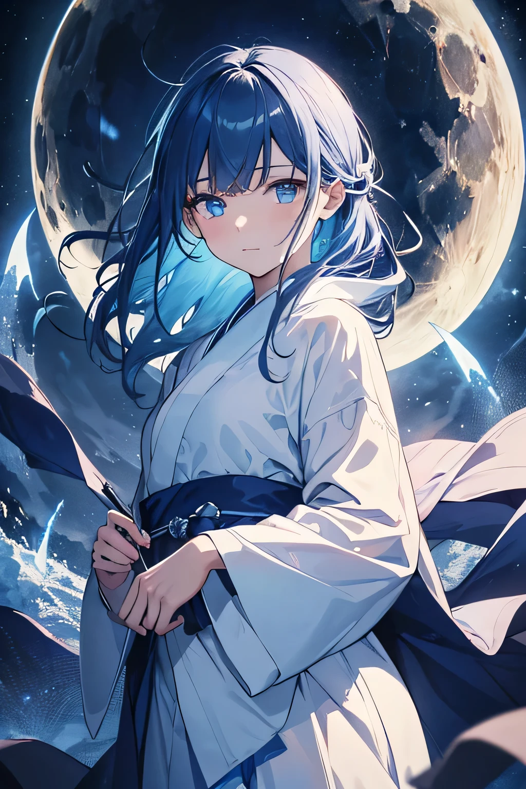 (High resolution, realistic, 4K, super detailed, masterpiece:1.2), cowboy shot (no hat:1.5),1 androgynous girl, unisex, shining blue eyes, Blue Medium Hair, White yukata, flowing dress, ephemeral, transparent girl, nihilistic, Expressionless, poker face, deep night, Moonlight, it&#39;s snowing, quiet solitude, dramatic lighting, Bright colors, enchanting beauty