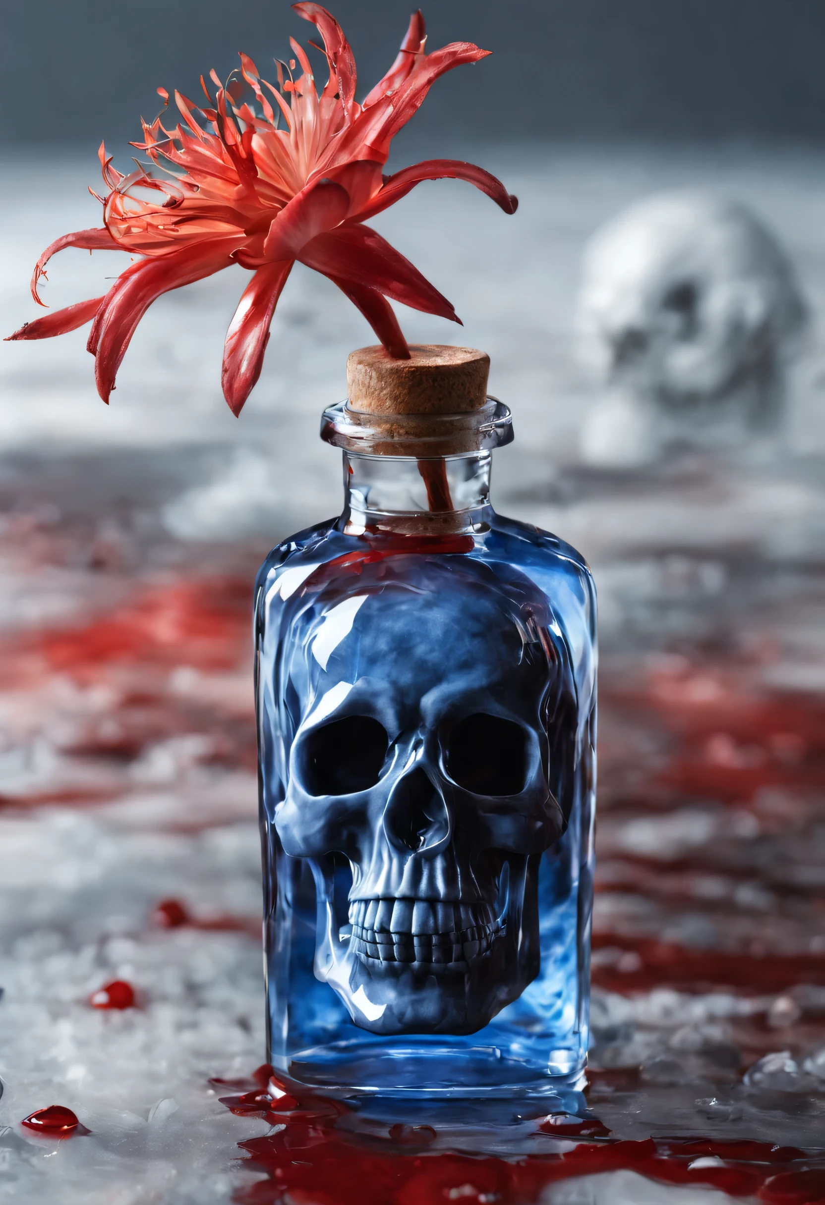 huaniao, (bottled bloody crystallization_skull:1.33), masterpiece, photo-realistic, Detailed watercolor painting:1.61, ice camera photography ,double exposure prism, (simple background), (expensive quality, very_expensive_solve, monochrome color:blue theme), Sigma 24mmF/1.4 awards, (white porcelain water bottle:1.46, ebru Marble Blood and Arrangement with Manjusha on top:1.33, it is (crystallization_skull :1.21), dim lighting,right ray,ray tracing, 