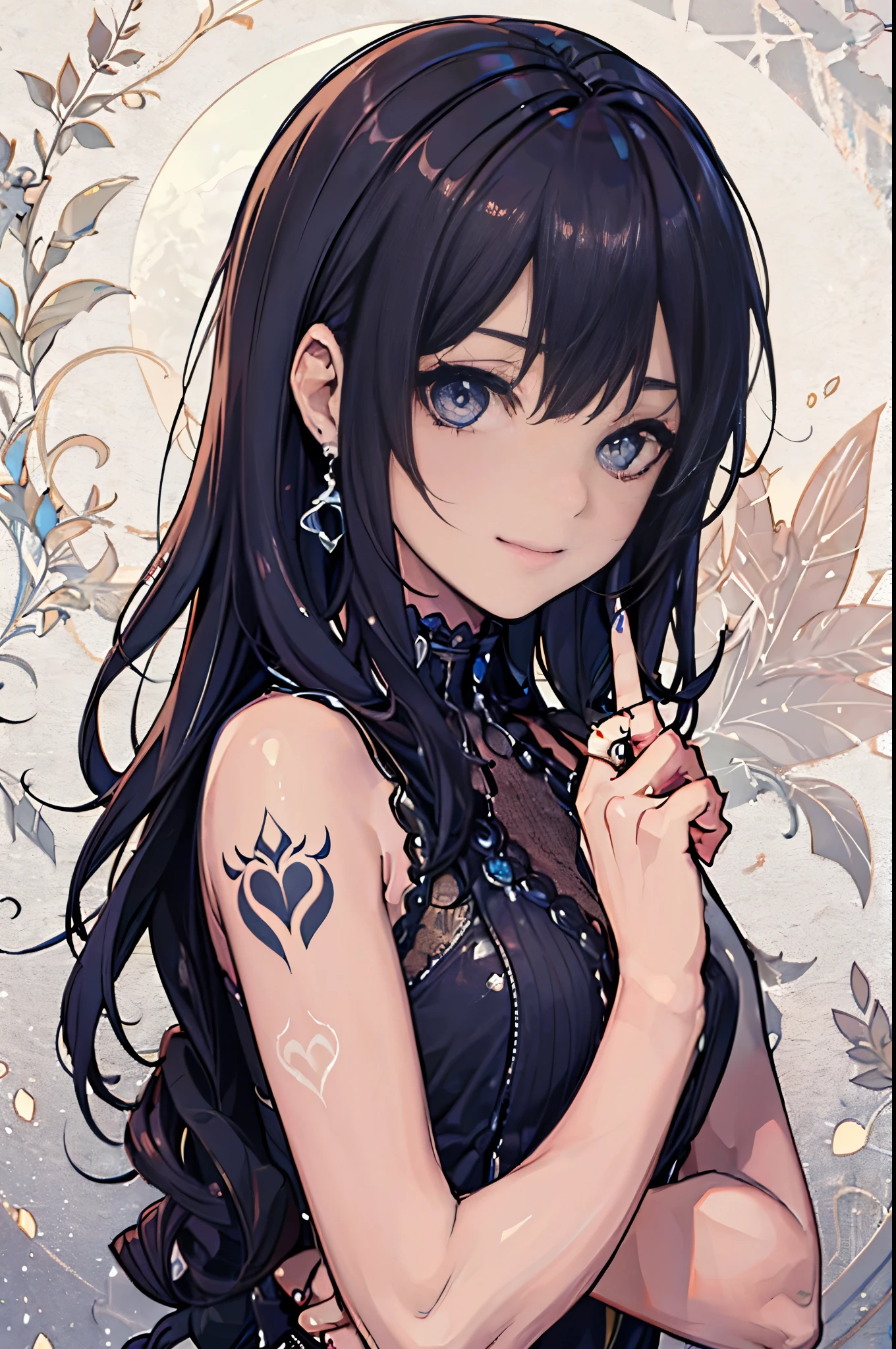 highest quality, It's wonderful, super vivid, A clear and well-shaped face, clear, bright shining eyes, long eyelashes, punk girl, earrings, body tattoo, have a bouquet, smile,