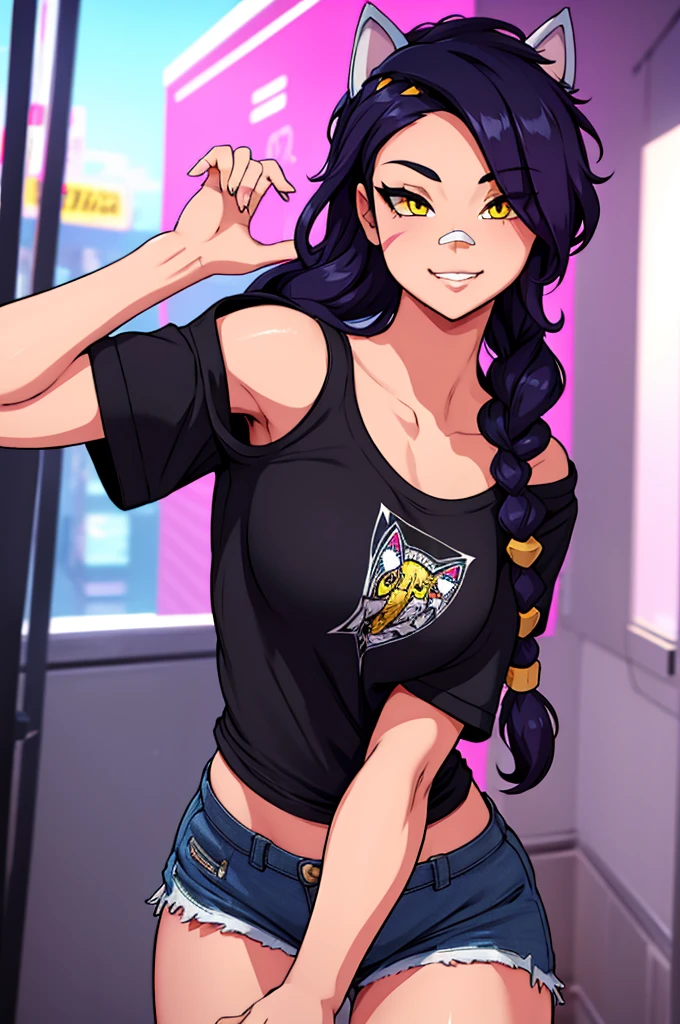 Erisa, 1girl, solo, long hair, looking at viewer, black hair, bandaid on face, yellow eyes, animal ears, smile, bandaid on nose, braid, cat ears, bandaid, bangs, breasts, fake animal ears, simple background, fang, bare shoulders, scar, teeth, shirt, tight shirt, bare shoulders, black shirt, short sleeves, closed mouth, t-shirt, hair over one eye, night city view, portrait, hair over shoulder, shorts, skin tight shirt, tight shorts, butt, wet shirt, legs, seductive, realistic, best quality, masterpiece, ultra detail, ultra high res, extreme detail, 8k