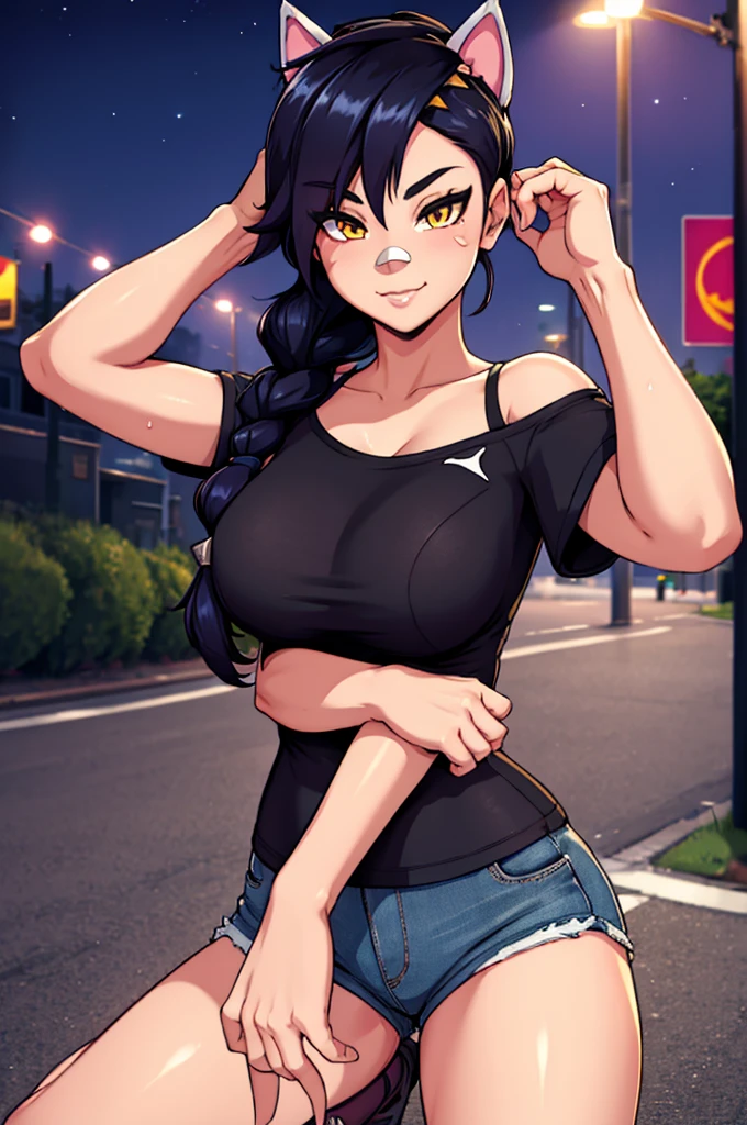 Erisa, 1girl, solo, long hair, looking at viewer, black hair, bandaid on face, yellow eyes, animal ears, smile, bandaid on nose, braid, cat ears, bandaid, bangs, breasts, fake animal ears, simple background, fang, bare shoulders, scar, teeth, shirt, tight shirt, bare shoulders, black shirt, short sleeves, closed mouth, t-shirt, hair over one eye, night city view, portrait, hair over shoulder, shorts, skin tight shirt, tight shorts, butt, wet shirt, legs, seductive, realistic, best quality, masterpiece, ultra detail, ultra high res, extreme detail, 8k