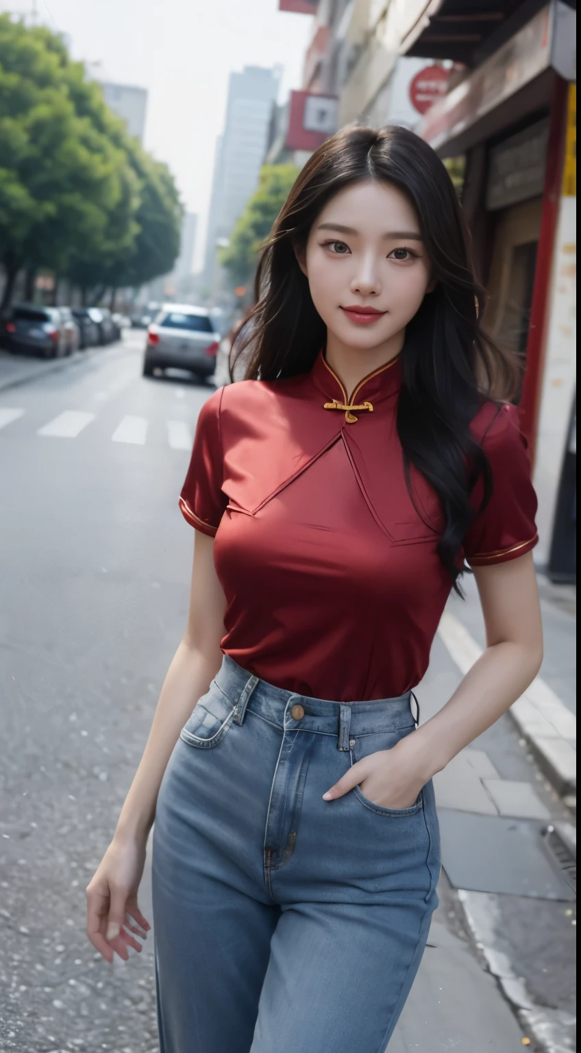 Foto hiperrealista en primer plano de Kim Ji-soo from Korea, masterpiece, best quality, (photorealistic:1.4), full body, Luxurious red Satin Cheongsam shirt, blue jeans, China Town, sunny day, cinematic light, beautiful woman, skinny, large big breasts, black long hair, detailed face, smile, facing the camera, photo taken from a distance, age of 25 years old