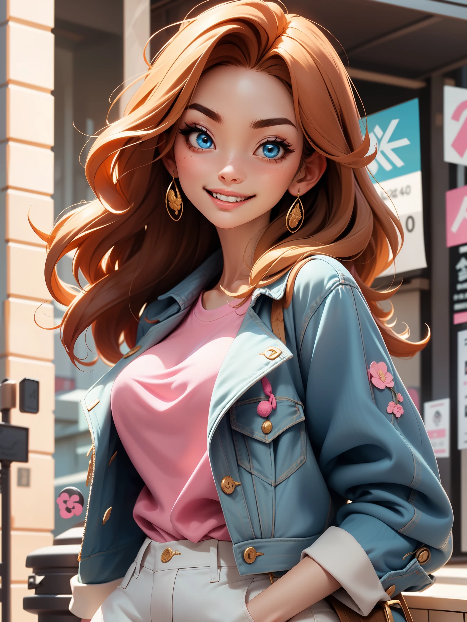 A Japanese woman, with long red wavy hair, vibrant blue eyes with a pink blouse and a denim jacket, she is smiling (melhor qualidade, super detalhado, 4k)