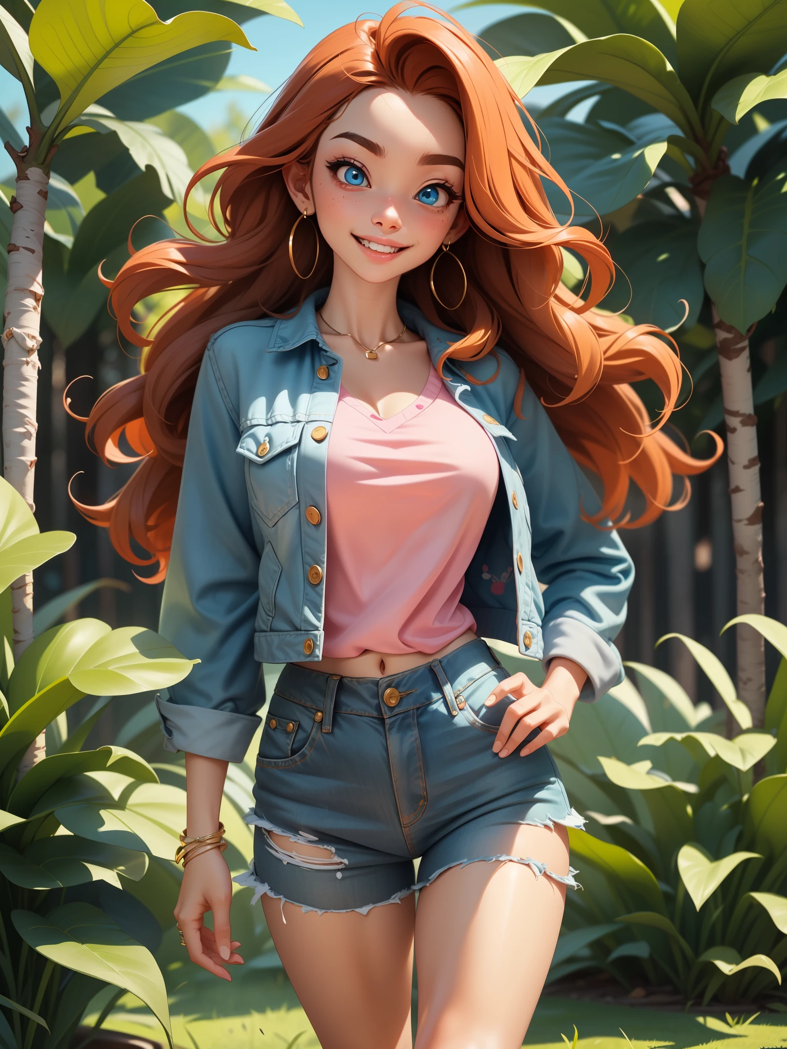 A Japanese woman, with long red wavy hair, vibrant blue eyes with a pink blouse and a denim jacket, she is smiling (melhor qualidade, super detalhado, 4k)