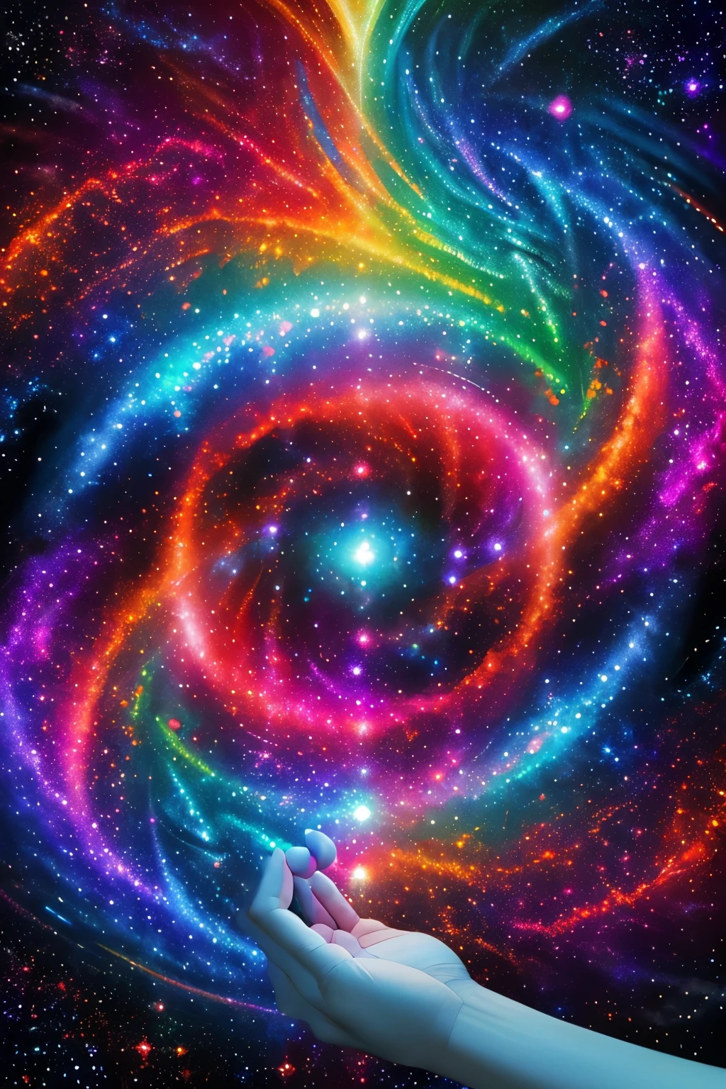 (Masterpiece of art in high resolution and incredibly detailed representation), Portrait of a Mayan priest holding a galactic vortex in one hand, adorned with fractal geometry in (vibrant colors: 0.8), against an awe-inspiring (galactic background: 1.2), merging intricate, mesmerizing shapes and patterns characteristic of DMT experiences.