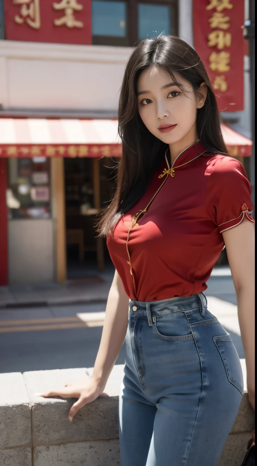 Foto hiperrealista en primer plano de Kim Ji-soo from Korea, masterpiece, best quality, (photorealistic:1.4), full body, Luxurious red Satin Cheongsam shirt, blue jeans, China Town, sunny day, cinematic light, beautiful woman, skinny, large big breasts, black long hair, detailed face, smile, facing the camera, photo taken from a distance, age of 25 years old