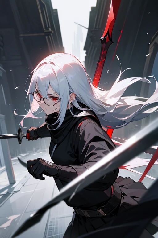High Resolution, Detailed Face Features, Face Focused, Wallpaper, Outside, Public,Female, Assasin, Spear, Long White Hair, Black Gloves, Melee Weapon, Glasses, Black Sweater, Black Skirt, Red Eyes, Pain, Tears, Revenge,