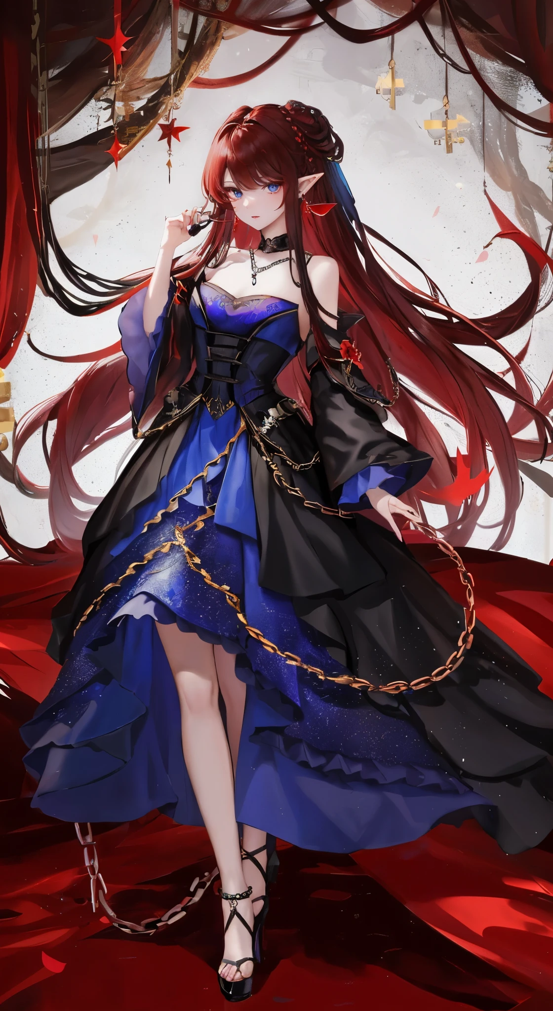black红色短发,close up,dream world,Elf royal sister,Long dark red hair,Nice blue eyes,Prom Hall,grace,earrings,(荆棘earrings,Thorn Head Chain),necklace,humanoid, Prom background,Baroque, her skin is white, fair complexion,(red evening dress,black色的火焰与荆棘,Thorn Dress),black色玫瑰,black,black,High heel,