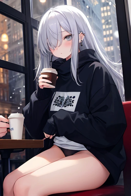((masterpiece:1.4, best quality:1.2)), 1girl, solo focus, beautiful skin, blush, black sweatshirt, long white hair, grey eyes, sitting, earrings, Hands piercing, coffee shop window, night, snowing, cityscape, tall female, beautiful and delicate female, comfy ambience, {detailed background}, I'm not wearing , hair over one eye, shy, Not wearing underwear, sexy, nd, Youitals are vi