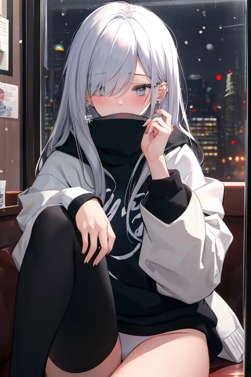 ((masterpiece:1.4, best quality:1.2)), 1girl, solo focus, beautiful skin, blush, black sweatshirt, long white hair, grey eyes, sitting, earrings, Hands piercing, coffee shop window, night, snowing, cityscape, tall female, beautiful and delicate female, comfy ambience, {detailed background}, I'm not wearing panties, hair over one eye, shy, Not wearing underwear, sexy, naked, Your genitals are visible