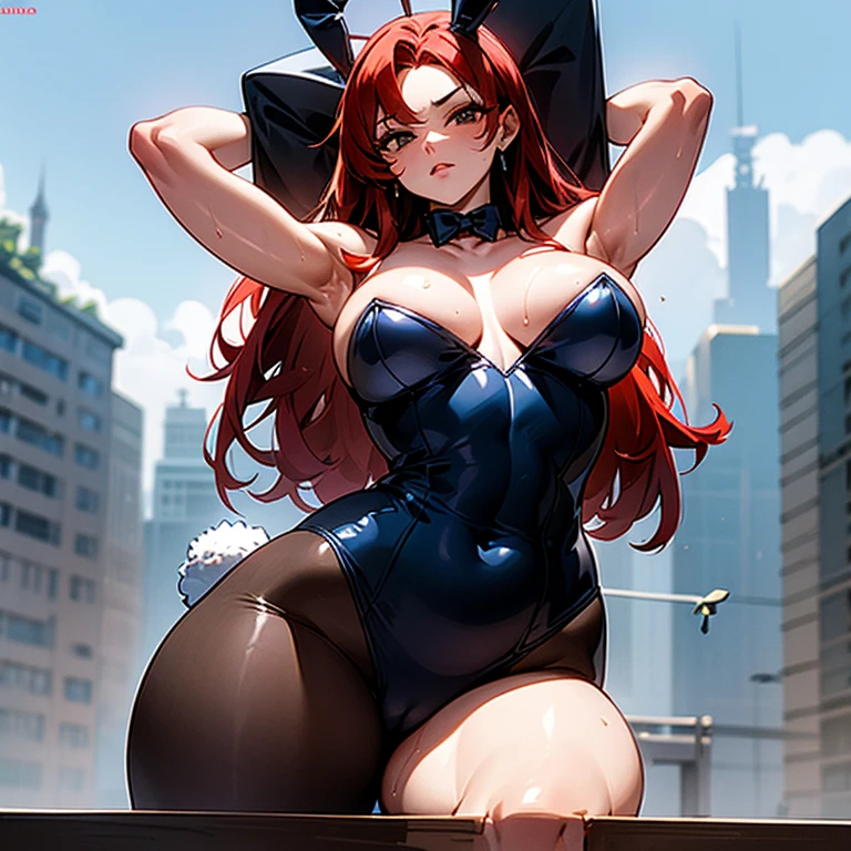 mujer madura, Ranma, red hair, Hairstyle cola de caballo, bunny suit, pechos gigantes,( pezones marcados en el bunny suit), labios, Cara traviesa, dark brown eyes, ruborizada ,ciudad medieval, Nube, muscle, ABS, cansada, sudorosa, grueso, standing, piernas abiertas, arms up, ( wet). En un cuarto