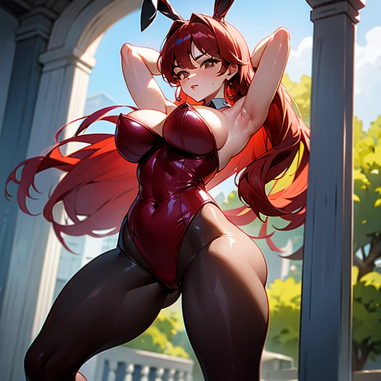mujer madura, Ranma, red hair, Hairstyle cola de caballo, bunny suit, pechos gigantes,( pezones marcados en el bunny suit), labios, Cara traviesa, dark brown eyes, ruborizada ,ciudad medieval, Nube, muscle, ABS, cansada, sudorosa, grueso, standing, piernas abiertas, arms up, ( wet). En un cuarto