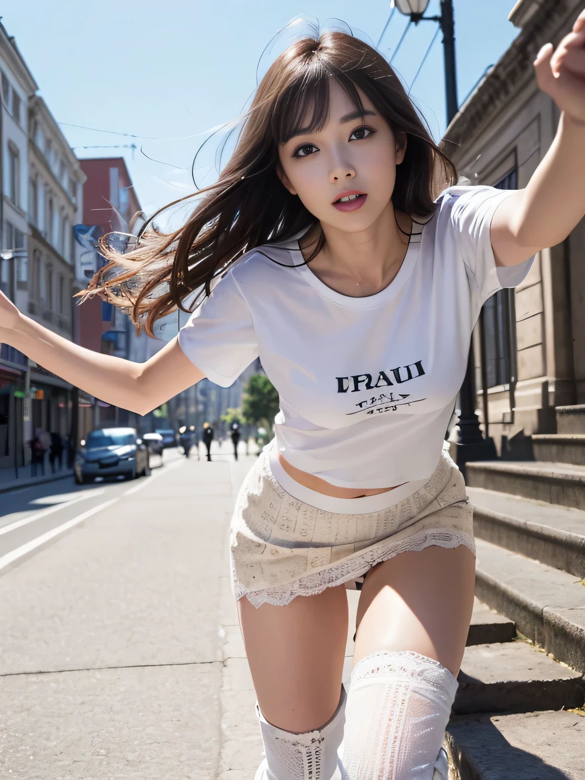 (((Raw photo、64K、Super highest resolution、Super best image quality、super highest quality、64K resolution、CG unity 64K wallpaper、photorealistic1.5、Sharpest image quality、clear image、マスターmasterpiece、People photography:1.photorealistic, masterpiece: 1.hotorealistic、sharp focus、high definition、)))、1 female、(solo:1.5)、(Super beautiful)、(beautiful face:1.5)、(facial details:1.5)、(eye details:1.1)、(lip details:1.1)、(Nose details:1.1)、(Kicking up:1.5)、(white t-shirt:1.5)、(braun skirt: 1.5)、(black boots:1.5)、(lace white panties:1.6)、(espadrilles:1.6)、make、brown hair、Shibuya Grand Staircase、going down the stairs、Sky from below camera angle、(SFW time:1.5),highly detailed feet 1.2、very clear arms 1.2、Angle of being trampled from below the camera 1.5、The skirt sways and the pants are exposed、