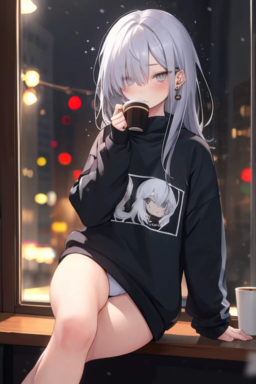 ((masterpiece:1.4, best quality:1.2)), 1girl, solo focus, beautiful skin, blush, black sweatshirt, long white hair, grey eyes, sitting, earrings, Hands piercing, coffee shop window, night, snowing, cityscape, tall female, beautiful and delicate female, comfy ambience, {detailed background}, I'm not wearing panties, hair over one eye, shy, Not wearing underwear, sexy, naked, spread your leg