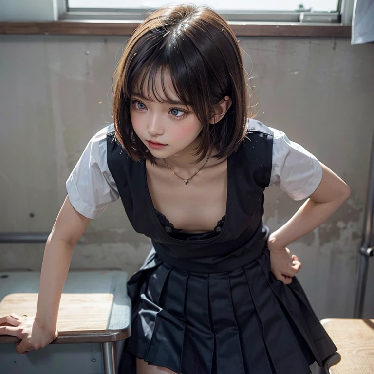 Downblouse, 15 years old, munechira,(((small breasts))), looking away, leaning forward,bending over desk, from side , close up, necklace ,in classroom,loose school uniform,besides decolated detailed bra within,long skirt, short hair