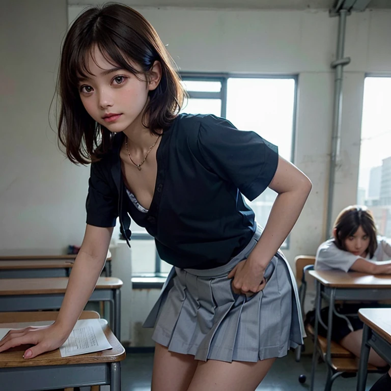 Downblouse, 15 years old, munechira,(((small breasts))), looking away, leaning forward,bending over desk, from side , close up, necklace ,in classroom,loose school uniform,besides decolated detailed bra within,long skirt, short hair