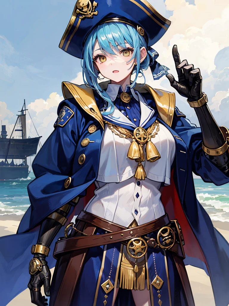 （（（masterpiece、Highest image quality、highest quality、highly detailed unity 8ｋwallpaper）））、（（Illustration of one girl、upper body））、（（（beautiful girl）））、（female pirate）、（Light light blue hair、short ponytail：1.2、yellow eyes）、（（（Right hand is a prosthetic hand、steampunk prosthetic arm）））、（（tall））、bulky figure, massive frame, thick neck, sturdy arms, powerful legs、（captain&#39;s suit、Pirate hat、Blue coat）、pier