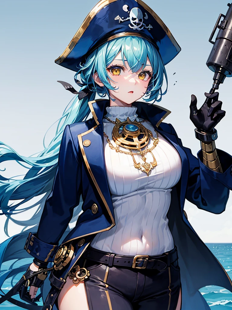 (((masterpiece、Highest image quality、highest quality、highly detailed unity 8kwallpaper)))、((Illustration of one girl、upper body))、(((beautiful girl)))、(female pirate)、(Light light blue hair、short ponytail:1.2、yellow eyes)、(((Right hand is a prosthetic hand、steampunk prosthetic arm)))、((tall))、bulky figure, massive frame, thick neck, sturdy arms, powerful legs、(captain's suit、Pirate hat、Blue coat)、pier
