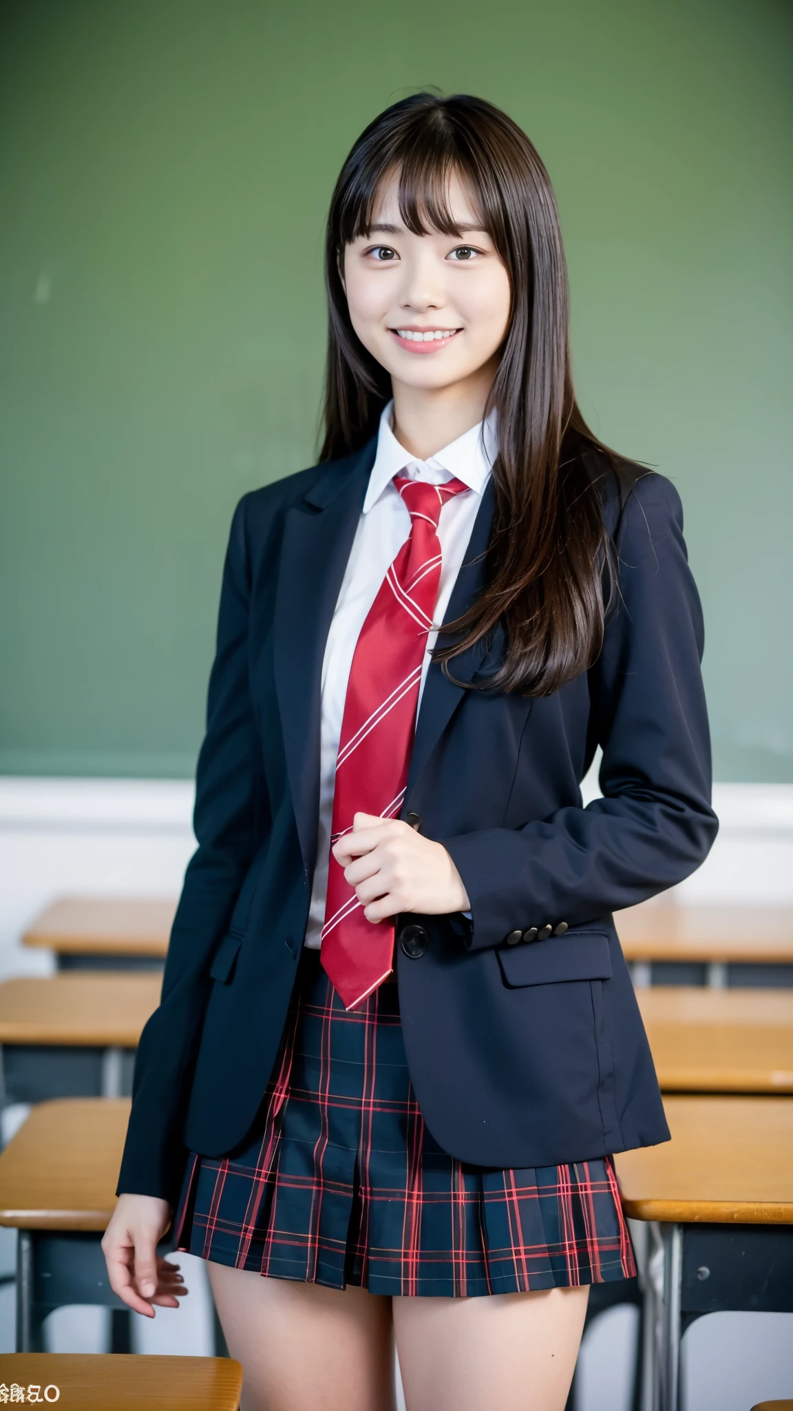 Girl Standing In School Classroom,Red Tie Uniform,Dark Blue Closed Blazer,Blue plaid skirt,18-year-old,bangs,a little smile,thighs,knees,from below