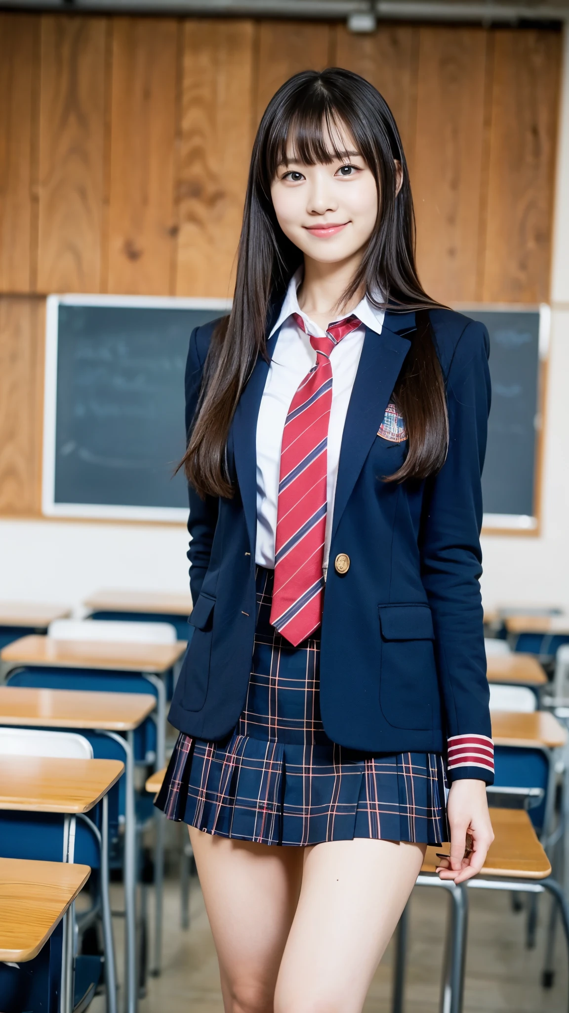 Girl Standing In School Classroom,Red Tie Uniform,Dark Blue Closed Blazer,Blue plaid skirt,18-year-old,bangs,a little smile,thighs,knees,from below
