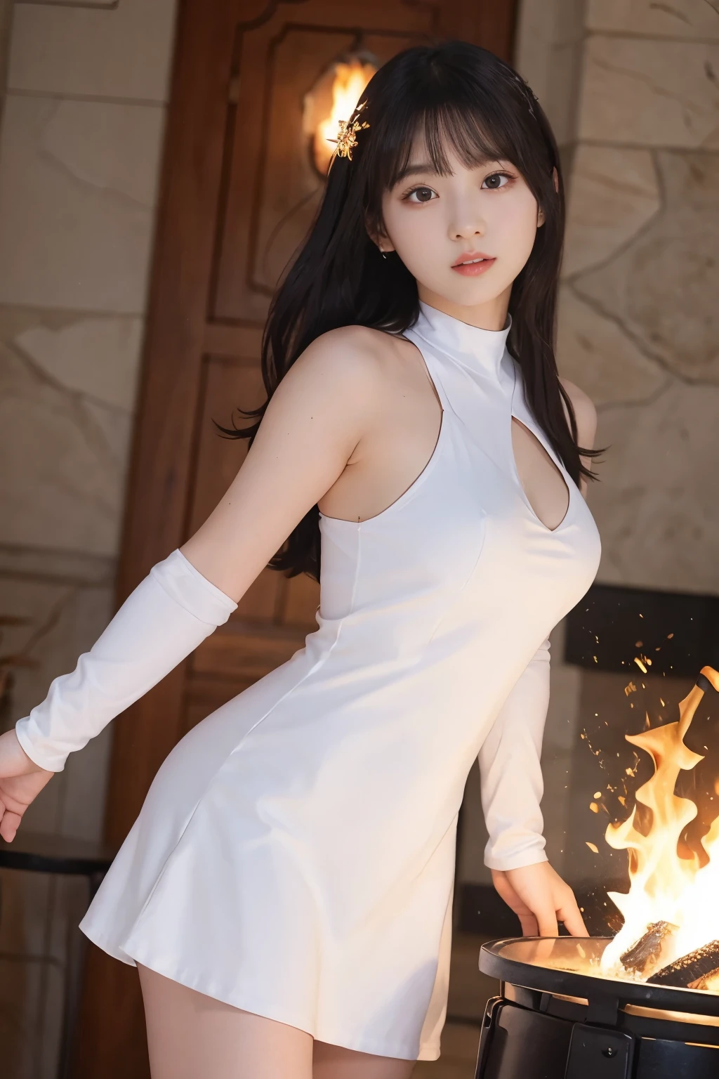 Brave Girl、good style、、、whole body、、、、、、armor mini dress、A sword wrapped in white flame