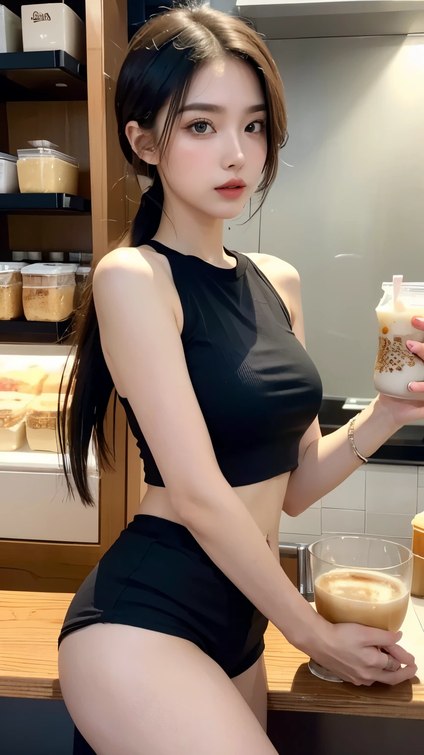 individual,young girl,23 years old, fine hair, Detailed faces, full的身材,Long hair tied up,full, Short hair details,Short hot pants, model,Milk tea shop