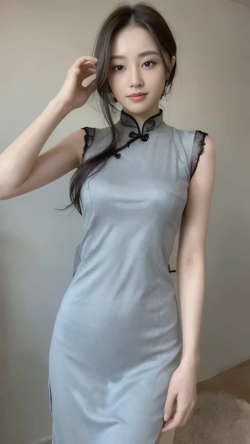 ((top-quality、8k、​masterpiece:1.3))、Beautiful woman with perfect body:1.4、slim abdomen:1.2、Longhair, normal breast, Highly detailed facial and skin texture, A detailed eye, delicate eyes, (smile), (full body shot), ((studio)), (standing), (((wearing grey cheongsam))), looking in front, (plain grey background)